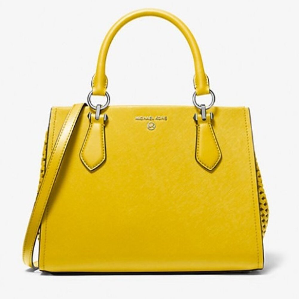 Michael Kors Marilyn Medium Saffiano Leather Woven Sides Purse Satchel Tote NWT - Picture 3 of 17